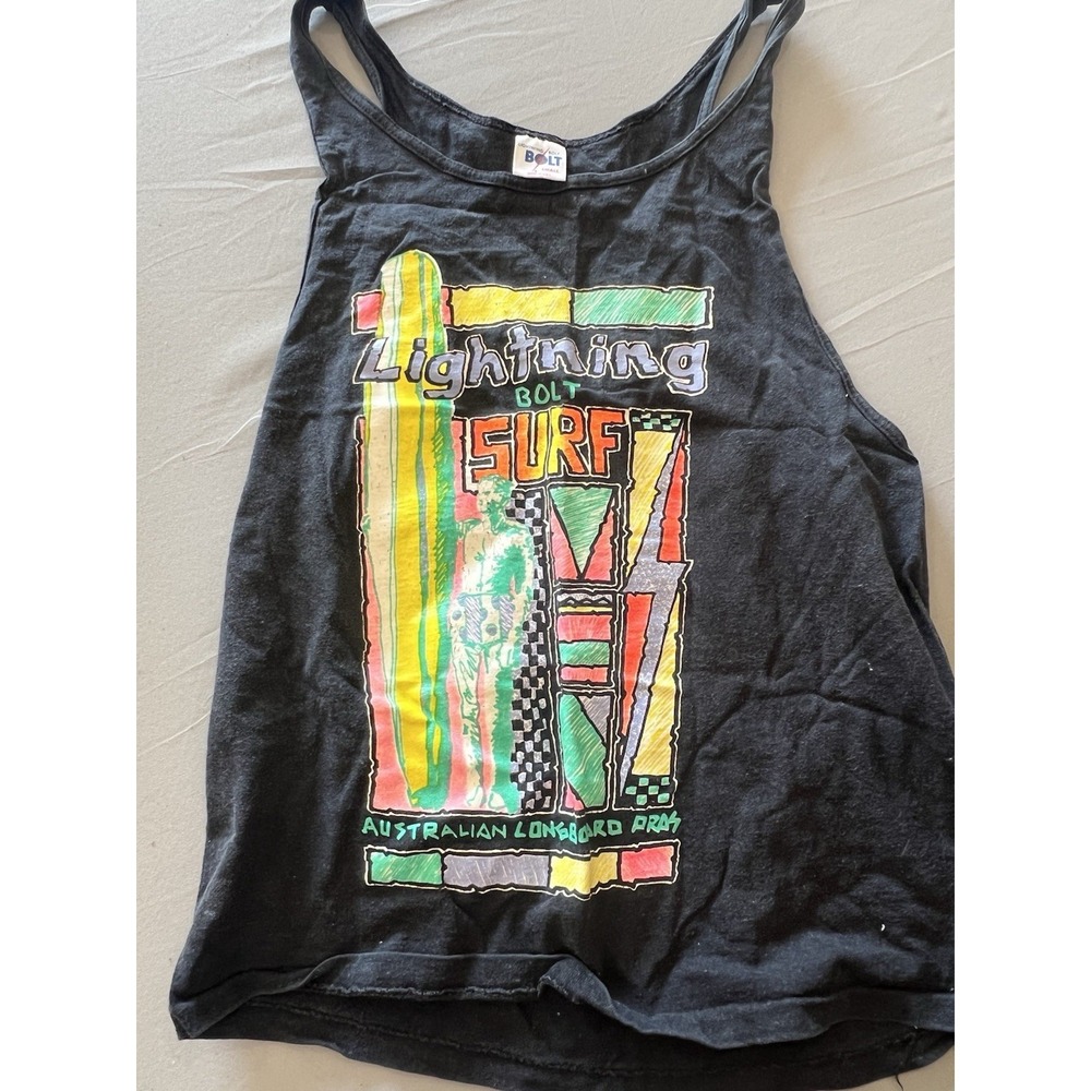 Vintage Kids Lightning Bolt Surfing Tank Top‎ Black Surfer Size Small